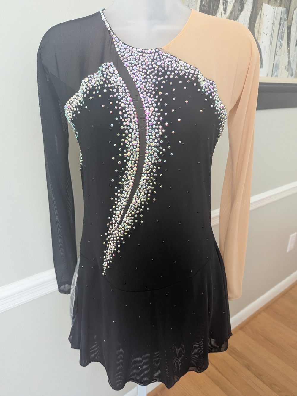 Black and Nude Long-Sleeve Rhinestone Figure Skating/Baton Twirling Costume